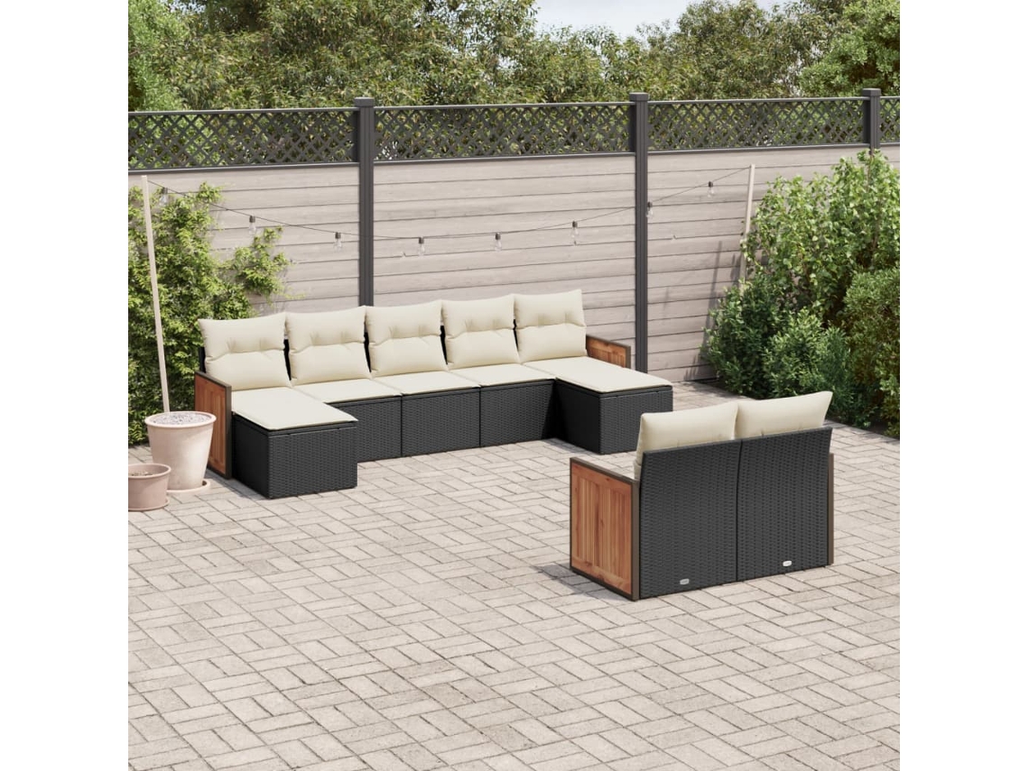 Vidaxl 9 Pcs Conjunto De Sofás P/ Jardim C/ Almofadões Vime Pe Preto