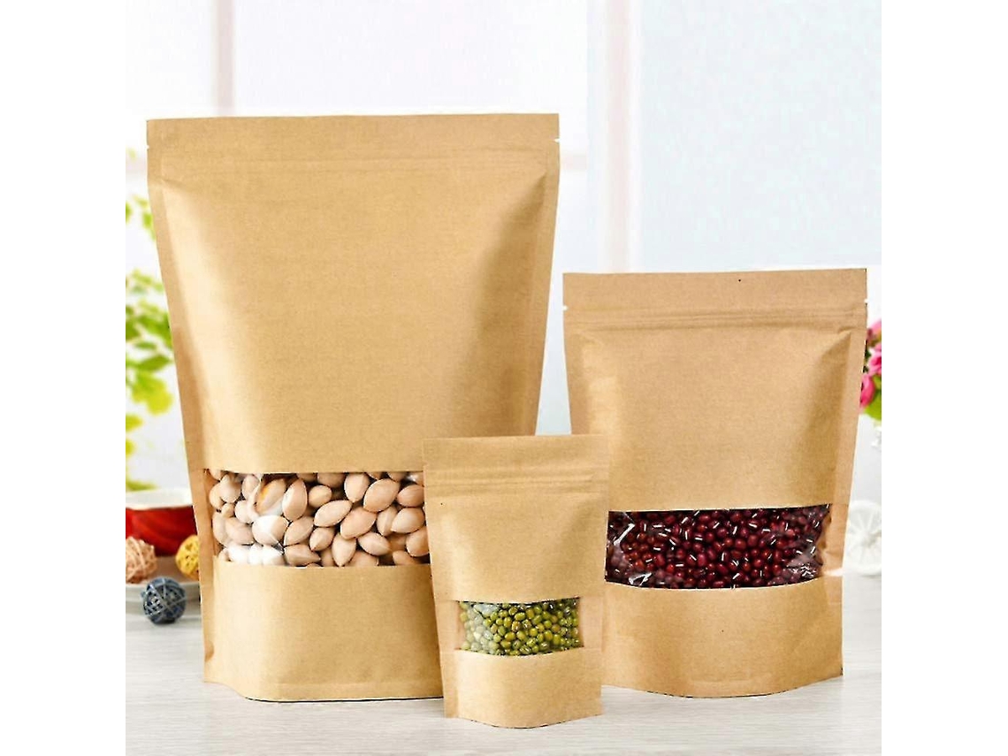 100 Saches Kraft com Janela e Fecho Reseável para Armazenamento de Alimentos Grandes Pouch Stand Up 16*26cm