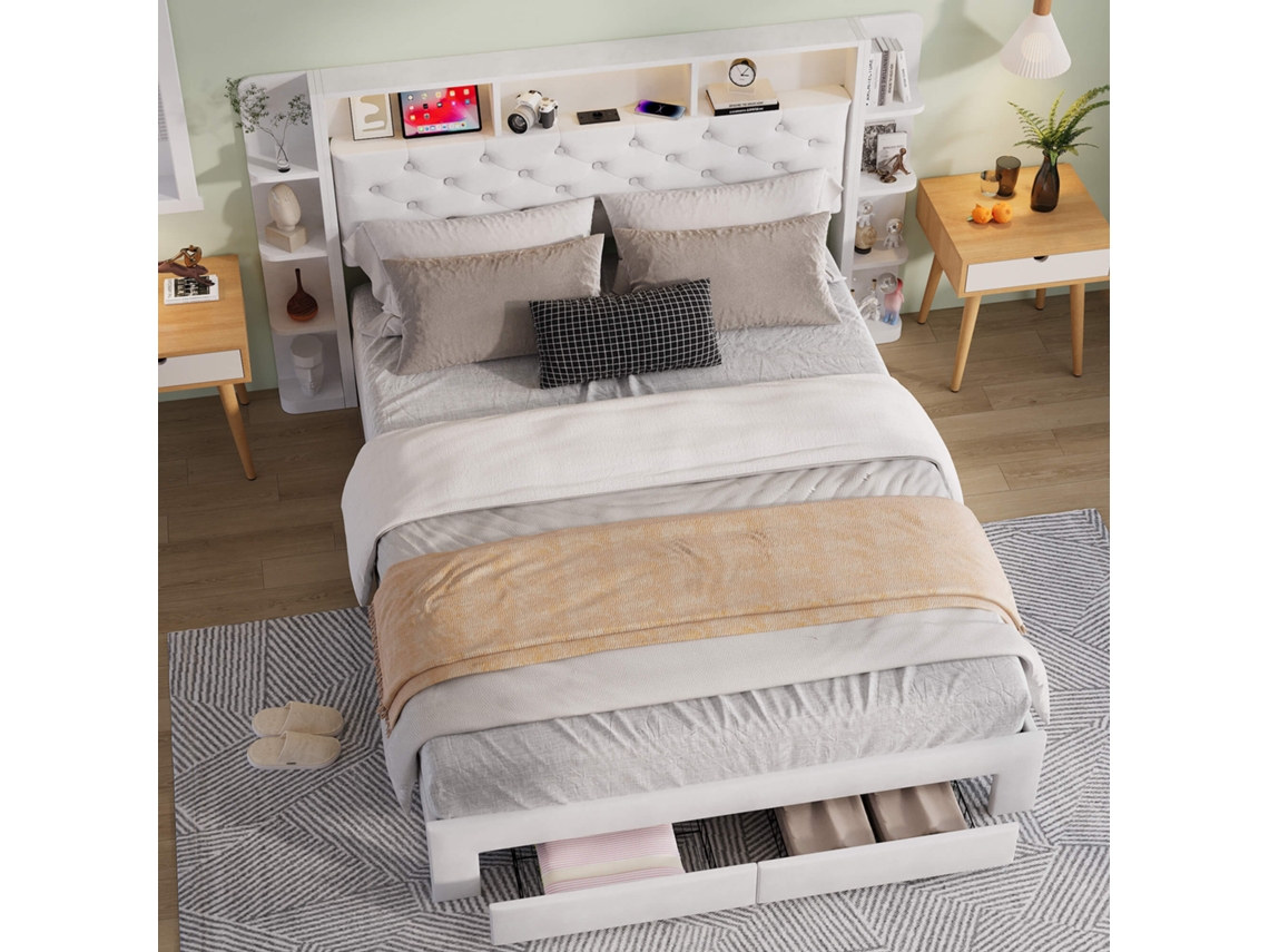 Cama de Casal Estofada 140x200 com Led e USB e 2 Gavetas MEXUS