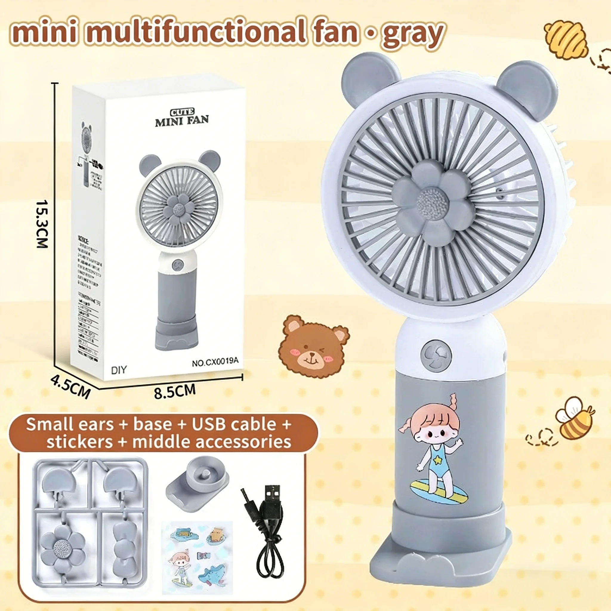 Mini Ventilador MDUG recarregável USB com suporte para celular, cinza claro, verão