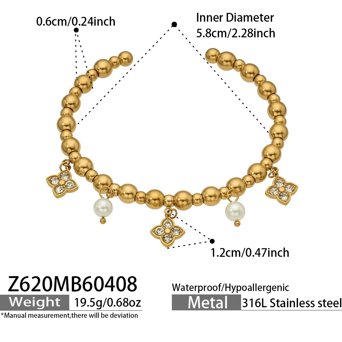 Pulseira Com Pingente Vazado Banhado A Ouro, Design Exclusivo Com Contas De Aço Inoxidável.