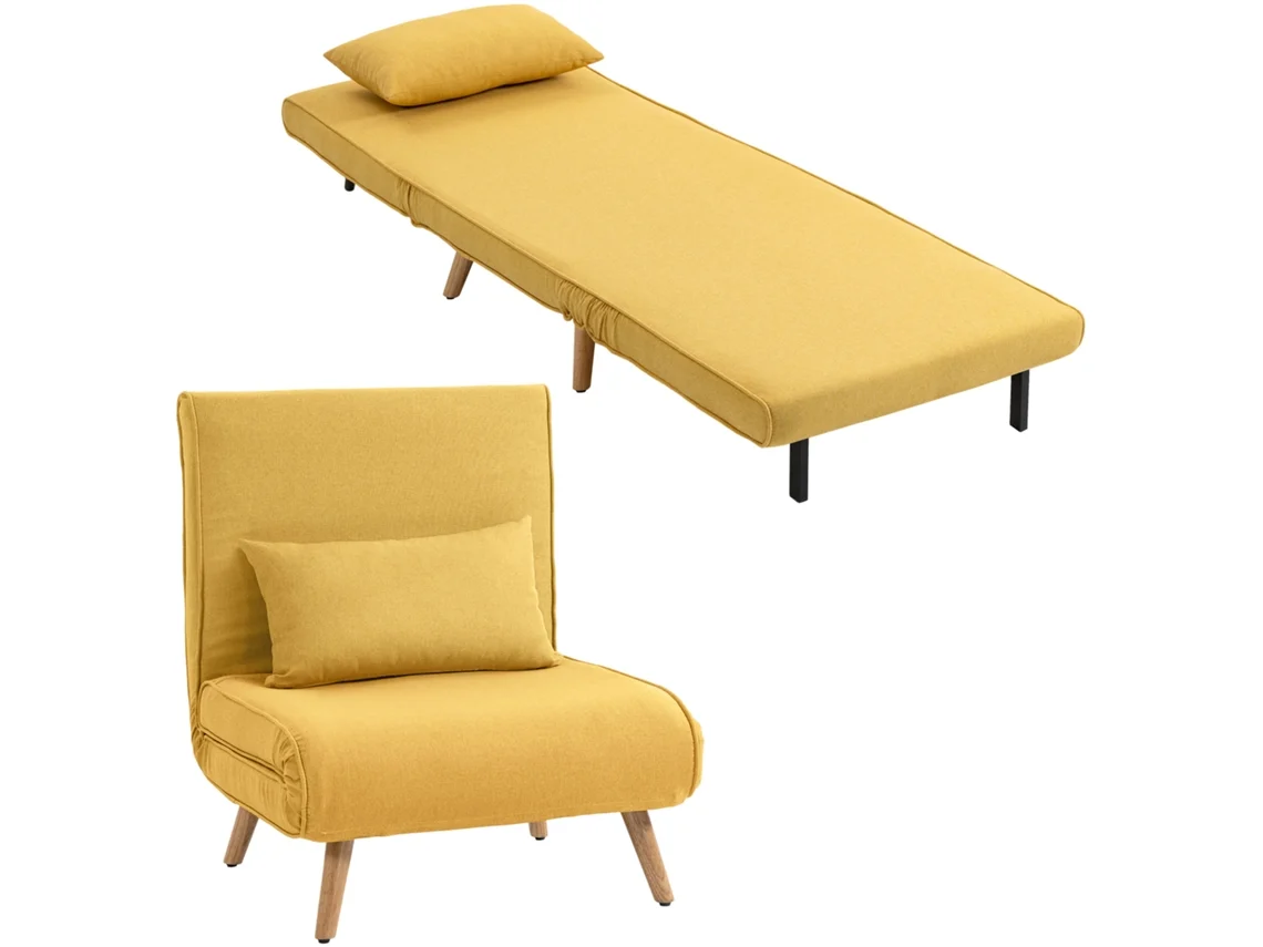 Sofá Cama Individual Dobrável Encosto Ajustável 5 Posições Almofada Amarelo 72x75x85cm