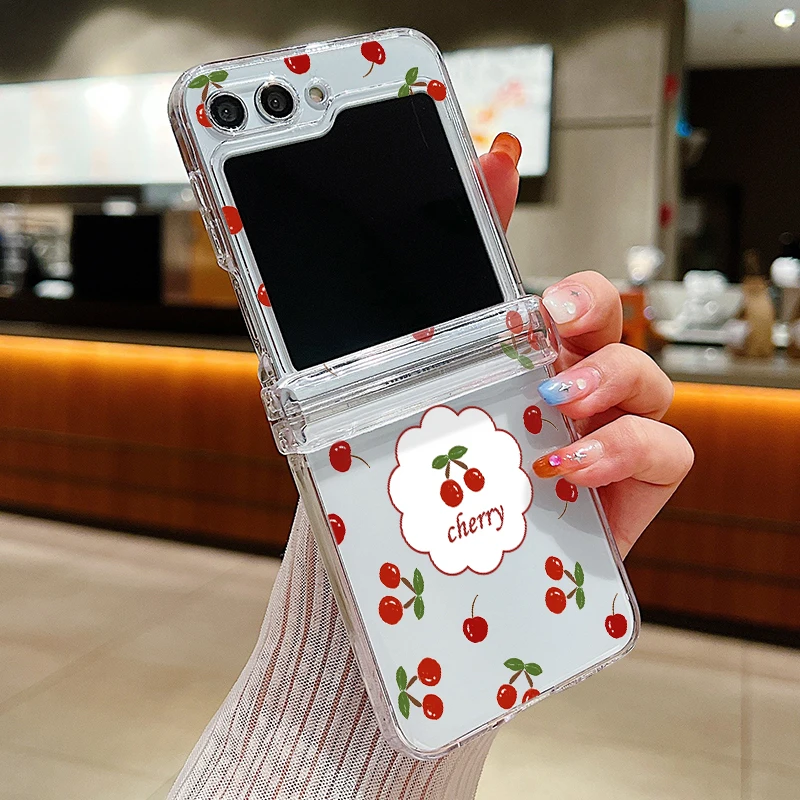 (a728) Capa De Celular Dobrável Rígida Transparente Com Estampa Fofa De Cereja Para Samsung Galaxy Z Flip 5