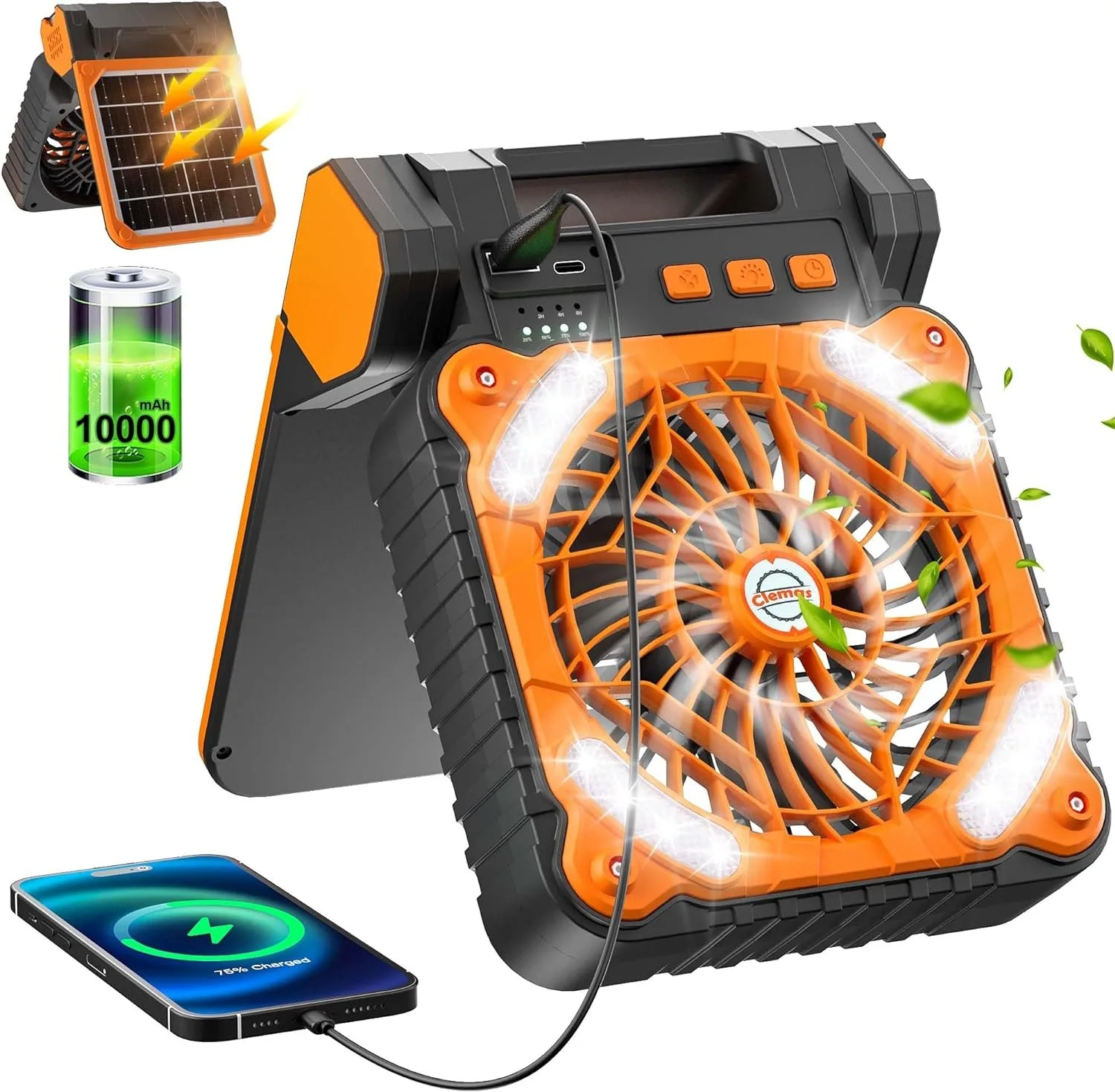 (laranja) Ventilador solar recarregável com luz LED, ventilador duplo para barraca externa