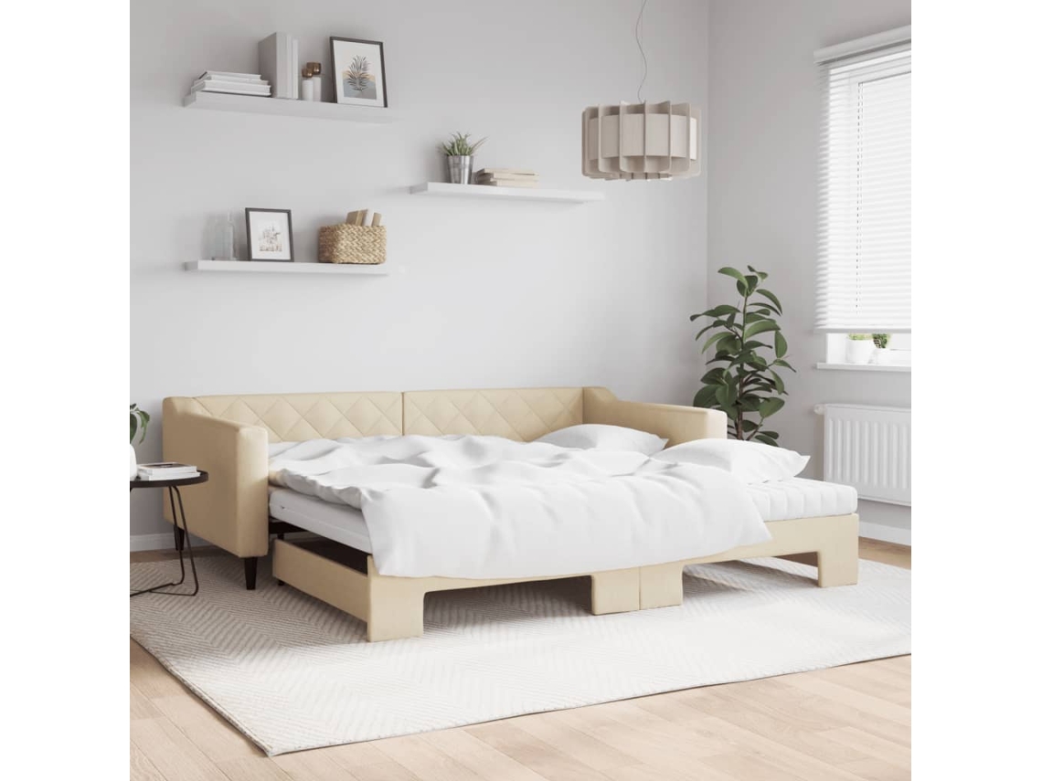 Sofá cama con cajón y colchones 100x200 cm, tela color crema