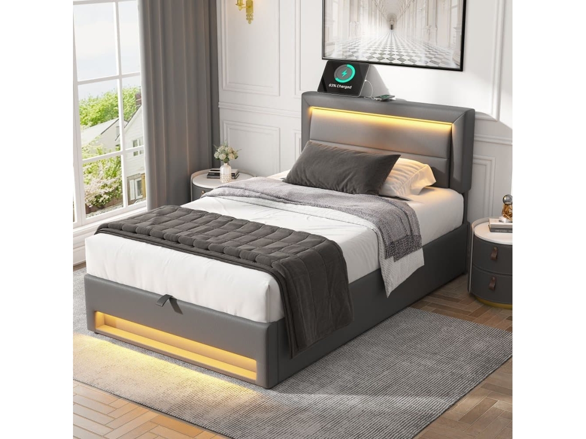 Cama Estofada 90x190 - Com Usb, Led E Arrumação, Sem Colchão - Cinzento
