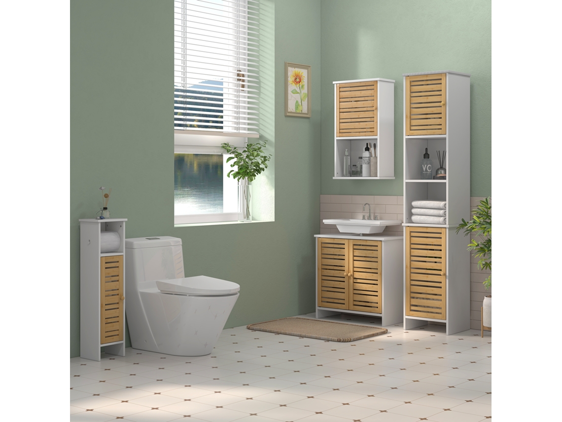 Coluna Casa De Banho Móvel Auxiliar Casa De Banho Com Prateleiras Ajustáveis E Portas De Bambu 35x30x170 Cm Branco E Madeira