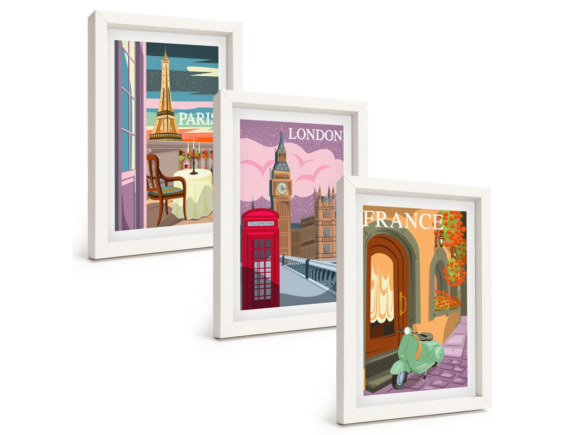 Composição De Quadros Vistas Retrô De Paris E Londres Espelharte (3 Peças 20x30 Cm)
