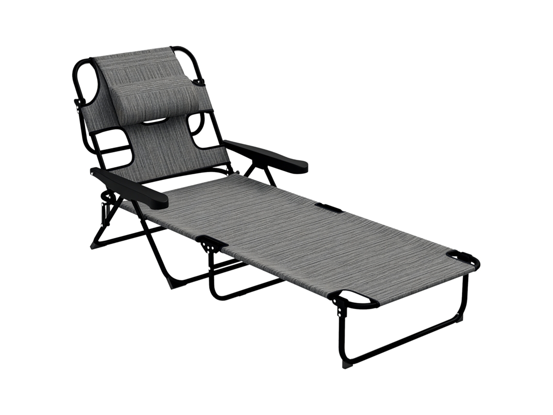 Cadeira De Jardim Dobrável Com Encosto Ajustável Em 4 Posições, Orifício Para Leitura E Apoio De Cabeça, 72 Cm (c) X 194 Cm (l) X 31 Cm (a), Cinza