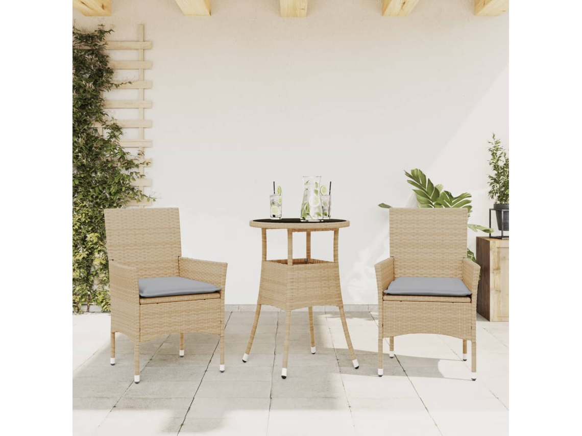 Vidaxl 3 Pcs Conjunto Jantar Jardim Com Almofadões Vime Pe/vidro Bege