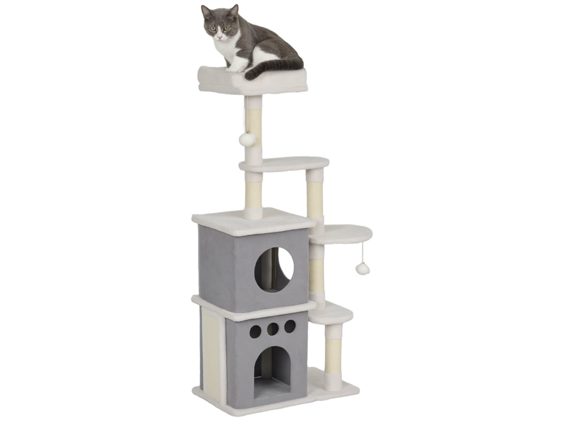 Arranhador para Gatos 126 Cm com Caverna Plataformas Bolas Suspensas e Poste de Sisal 56x34x126 Cm Cinza e Creme ESSÊNCIACASA