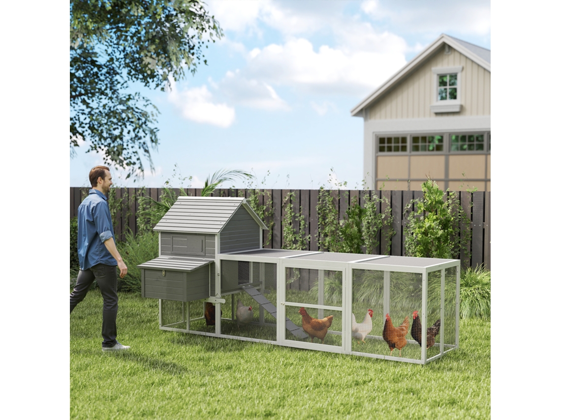 Gaiola Para Galinhas De Madeira Cinza 310,5x149,5x149cm - Acomoda 4 A 6 Aves, Com 2 Janelas, Portas, Ninho, Bandeja Removível E Rampa