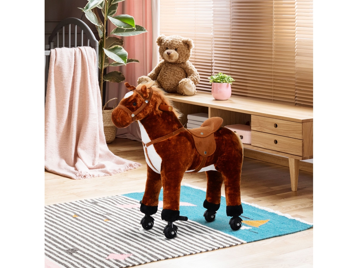 Cavalo De Brinquedo Para Crianças De +3 Anos Com Rodas Sons E Estrutura De Metal Carga 60kg Premium Castanho 65x28x75 Centímetros