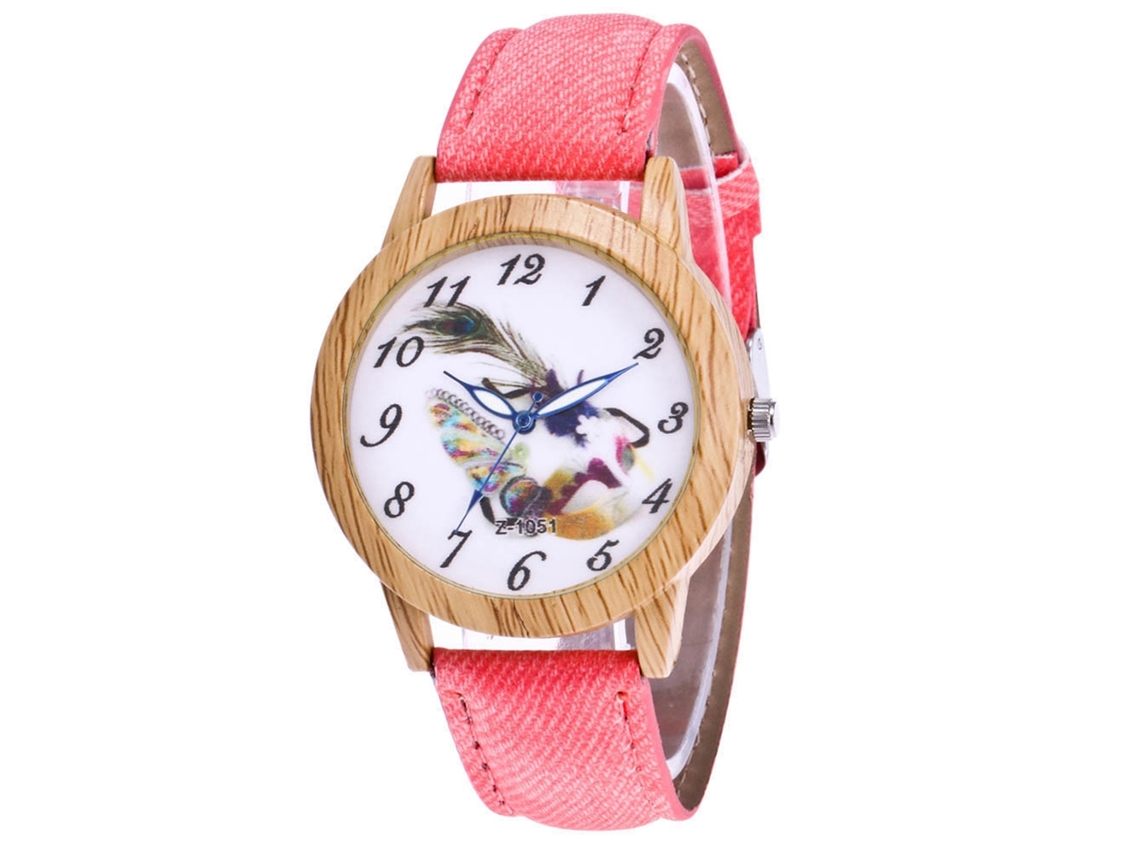 Relógio feminino de quartzo com pulseira de jeans, mostrador redondo e pulseira rosa moderna.
