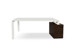 Escrivaninha Com Gavetas Em Nogueira. Estrutura De Metal Branco. 75 X 175,5 X 80 Cm. Tampo Branco. Ofilike