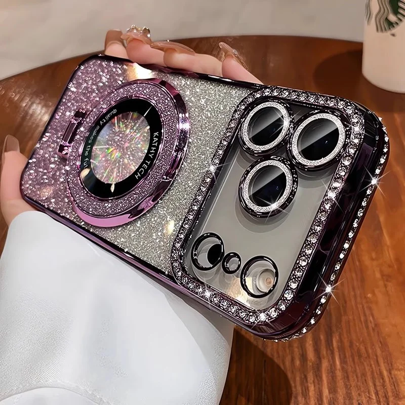 Capa Para Celular Com Suporte Magnético E Detalhes Em Strass (roxa) Para Iphone 16 Pro Max