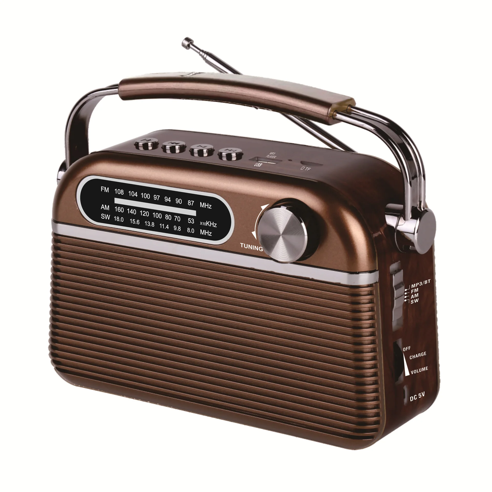 Rádio Banda Completa Recarregável com Alto Falante Bluetooth, Cartão Tf e Pen Drive MDUG