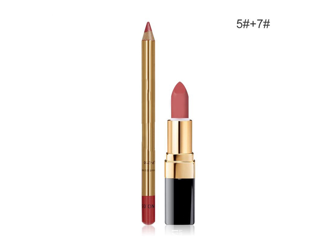 Set De Lápiz Labial E Lápiz Contorno Labial Impermeável De Longa Duração 5+7 Maquiagem Cosmética