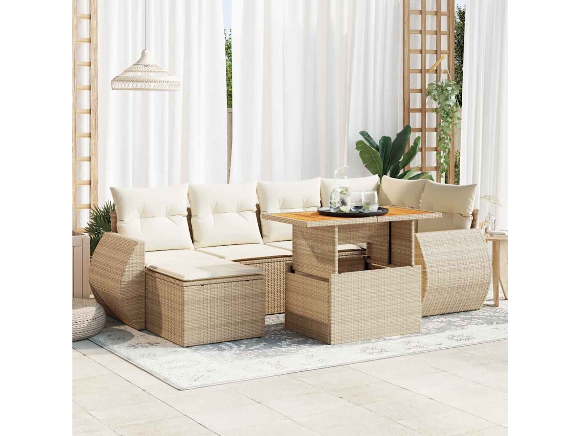 Vidaxl 7 Pcs Conjunto De Sofás P/ Jardim Com Almofadões Vime Pe Bege