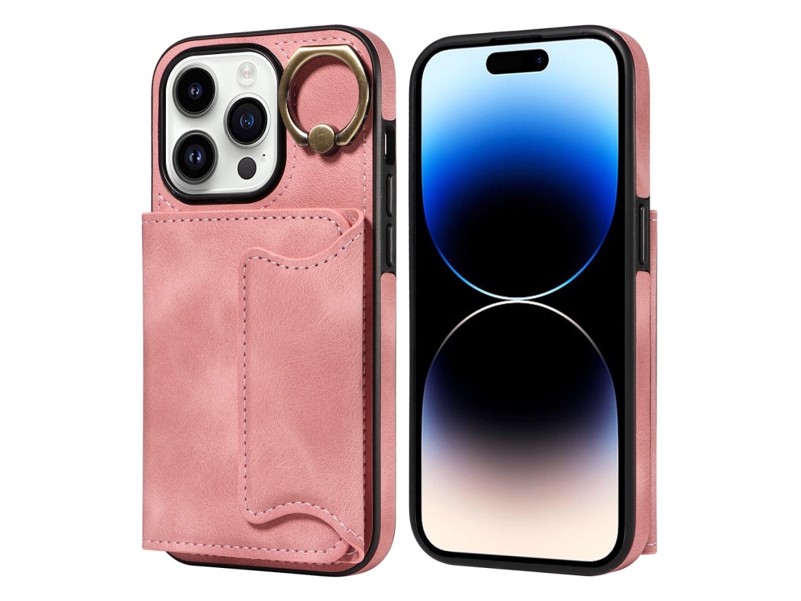 Suporte Casa Para Iphone 15 Plus Pele Sintética Com Porta-cartões Rosa