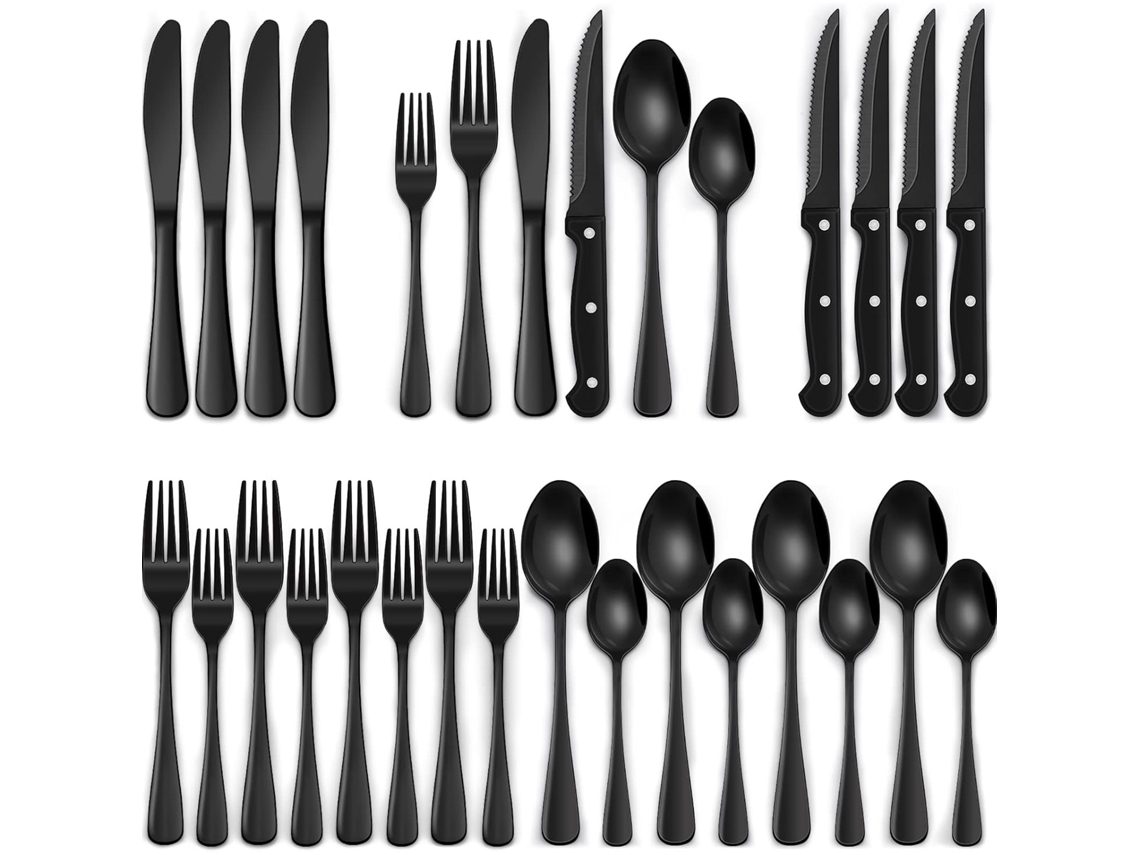 Conjunto De Utensílios De Mesa Preto Premium 24 Peças Aço Inoxidável Com Garfo Para Assar E Fritar 4 Pessoas