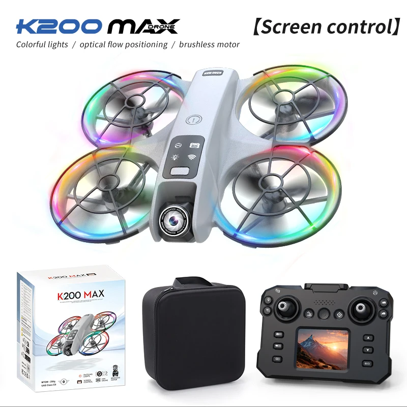 Drone Mini K200 Max Com Câmara Dupla Profissional 4k Hd Fpv E Ecrã De Controlo De 2,4 Polegadas 2 Baterias Cinzento Bestvite
