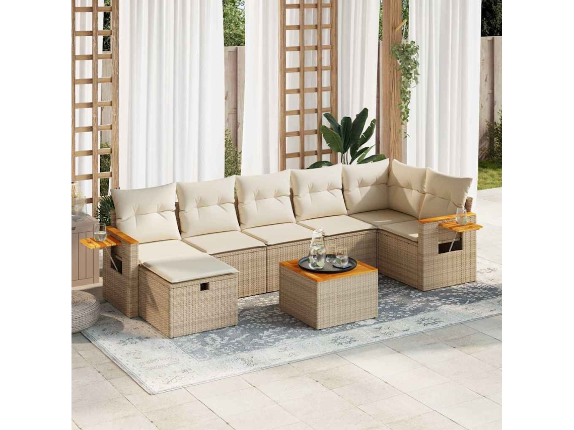 Vidaxl 8 Pcs Conjunto De Sofás P/ Jardim Com Almofadões Vime Pe Bege