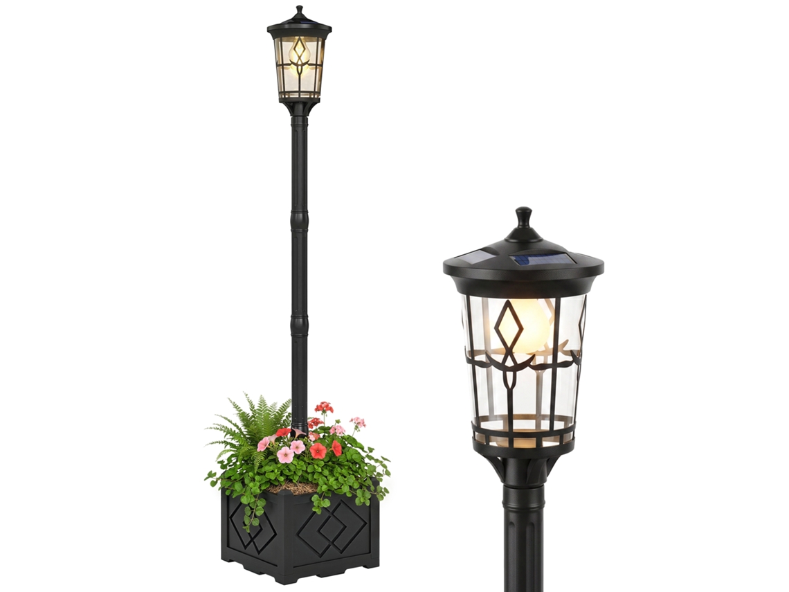 Luminária Solar De Jardim Externa Com Vaso De Flores, 2 Modos De Brilho 100/50 Lm, Ip44, Liga/desliga Automático, Preta.