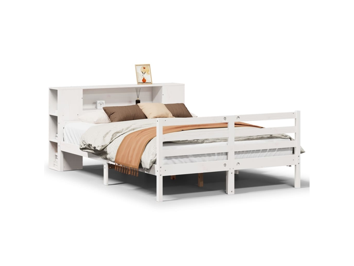 Cama com Estante Pinho Maciço Branco MAISON EXCLUSIVE (150x200 cm)