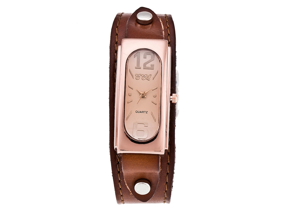 Relógio Masculino de Cuarzo com Pulseira de Pu Ccq Vintage Retangular Café Claro