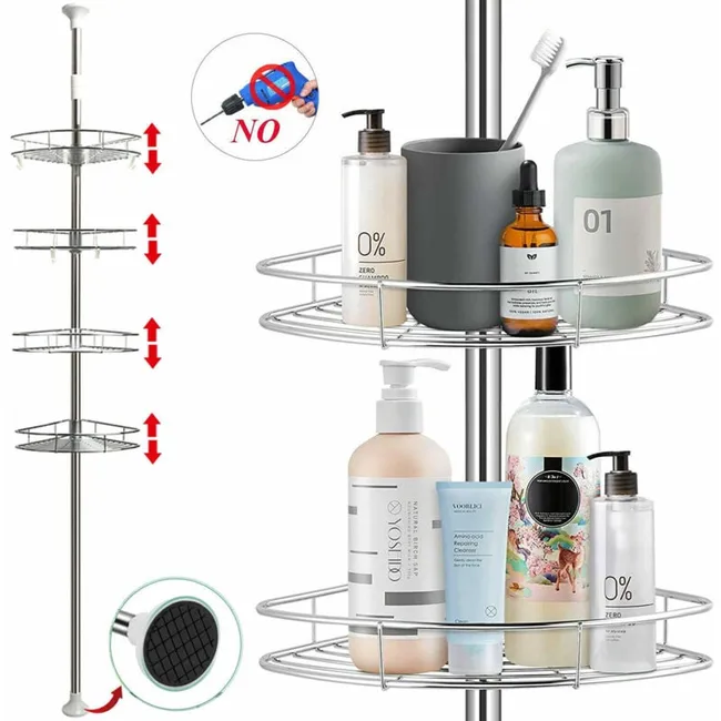 Prateleira De Canto Telescópica De Aço Inoxidável Para Chuveiro, Altura Ajustável Com 4 Cestos Para Banheiro E Cozinha 300x29x21cm Ehsttdh
