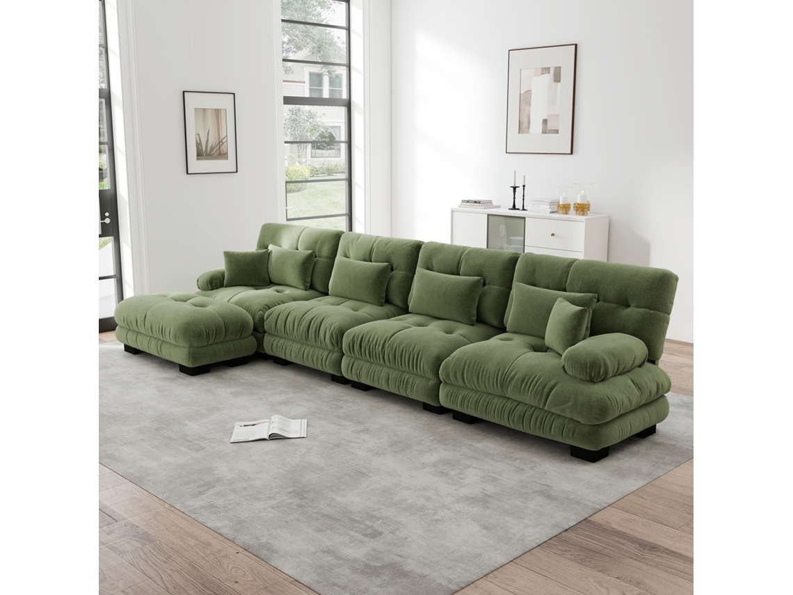 Sofá Modular Em L 4 Lugares Com Pufe Removível Em Chenille Verde
