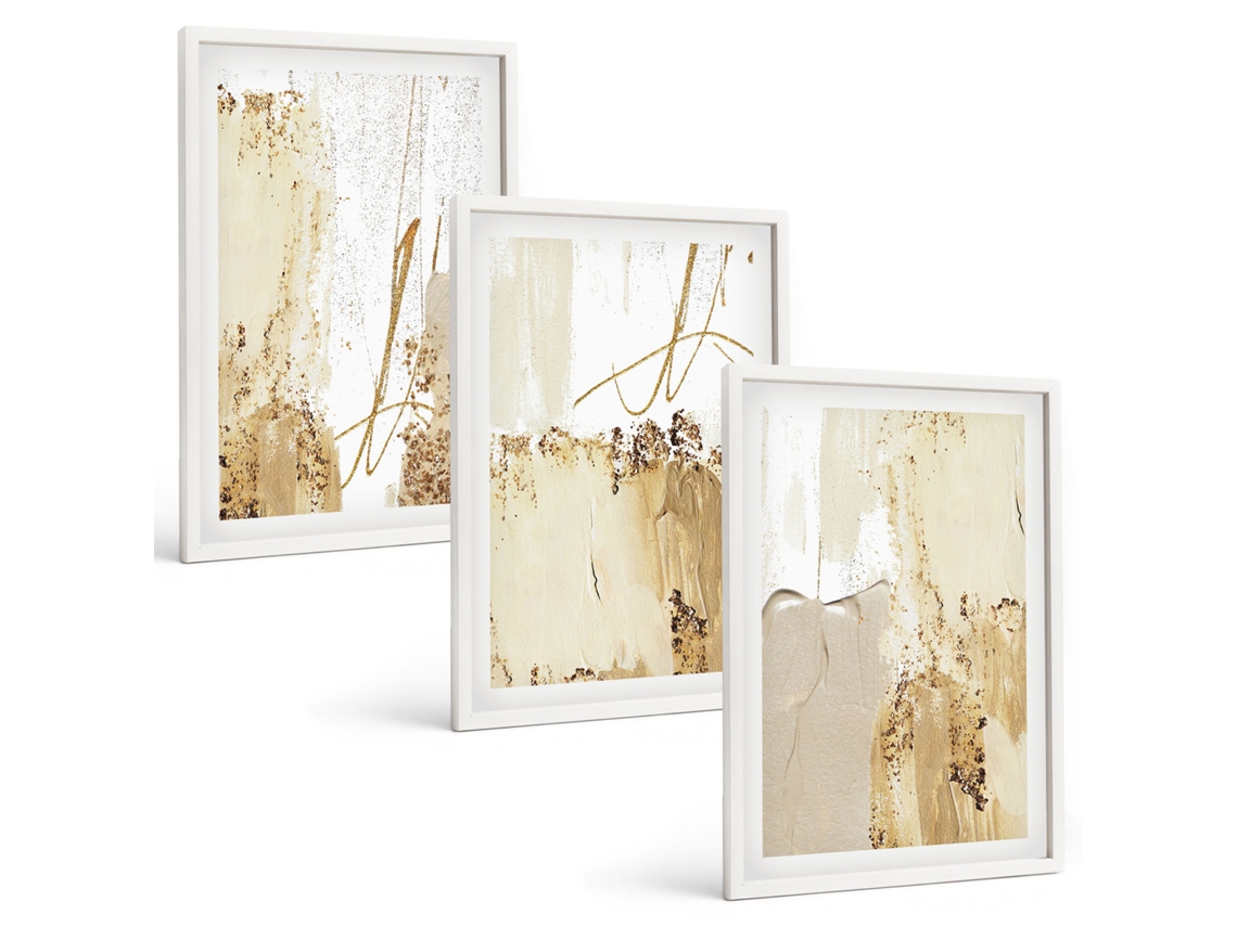 Pinturas Murais Modernas Padrões Abstratos Em Bege E Branco Moldura Branca Fotos Para O Escritório Espelharte (3 Piezas De 40x60 Cm)