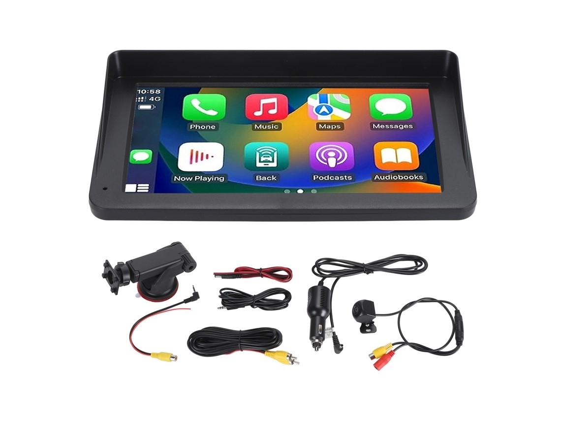 Aparelho De Som Automotivo Portátil De 7 Polegadas Com Carplay, Android Auto, Controle De Voz, Tela Sensível Ao Toque E Câmera De Ré.