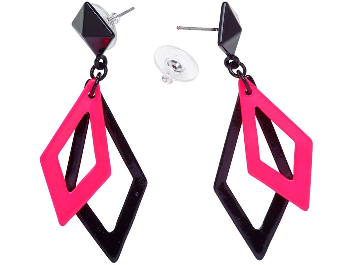 Brincos anos 80 Diamantes pretos e rosa fluorescentes