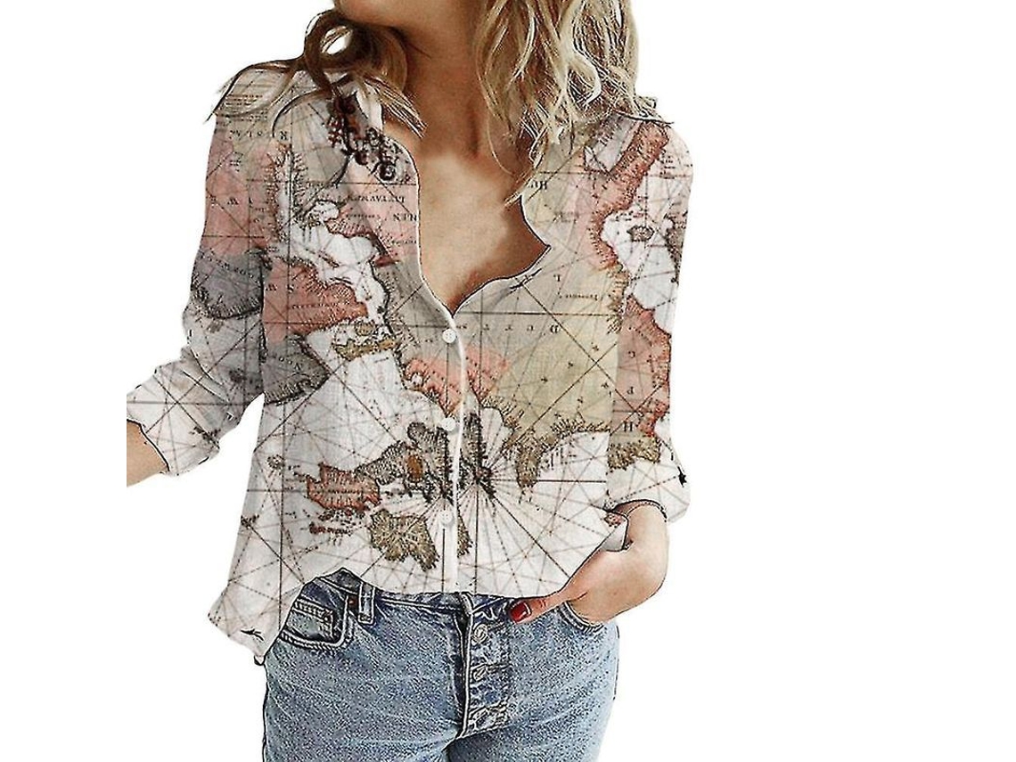 2026 camisa de Manga Longa para Mulher com Estampa de Mapa Mundial, Gola de Camisa, Casual, Verão, Poliéster