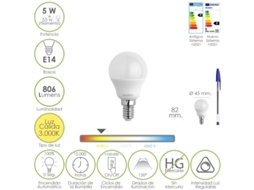 Bombilla led esferica rosca e14. 5 watt. equivale a 55 watt. 806 lumenes. regulable luz cálida (3000  k.)