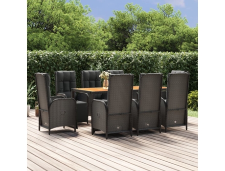 Conjunto de Jantar para Jardim com Almofadões Vime Pe Preto 9 Un