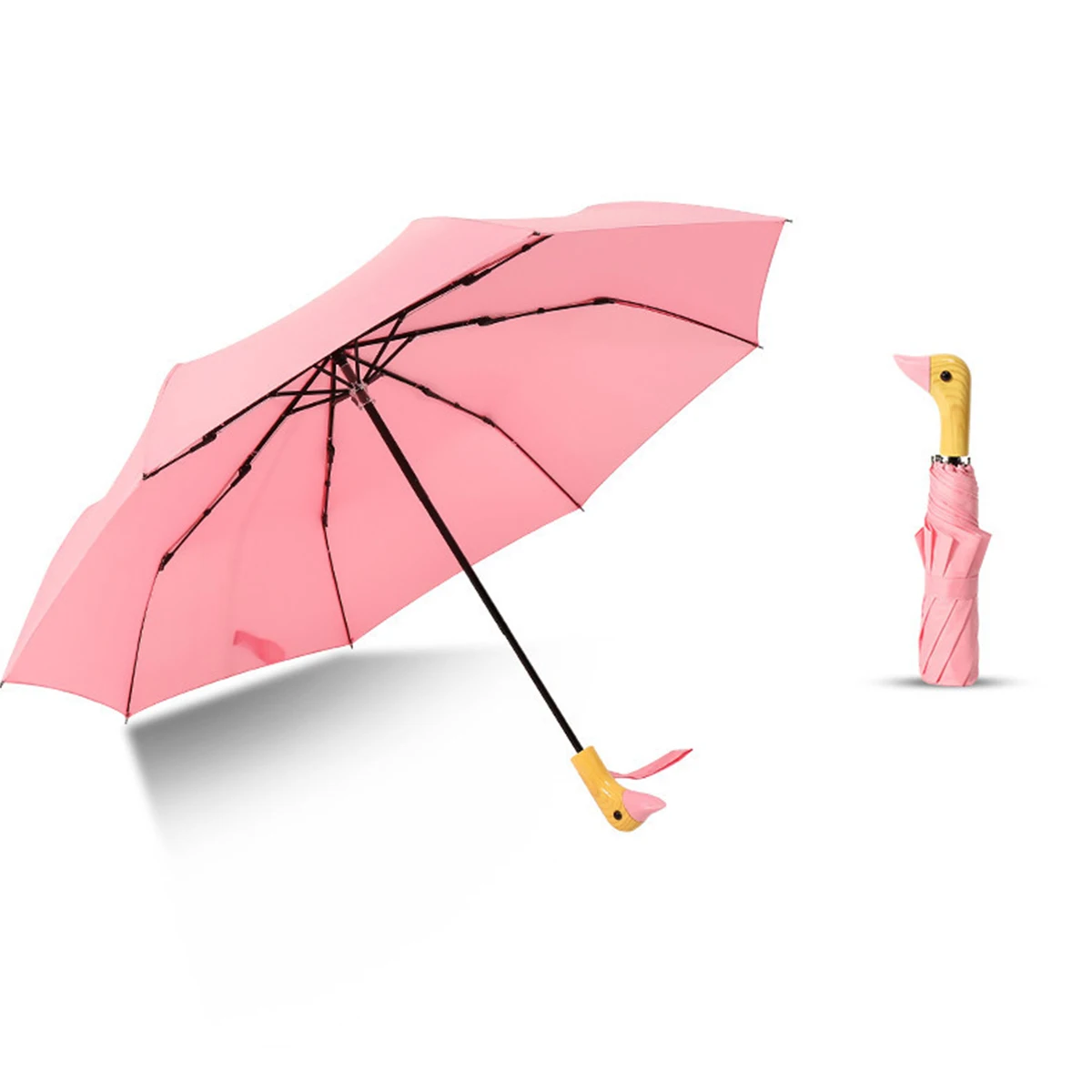 Guarda chuva MDUG com cabo de madeira, proteção UV, formato de pato (rosa)