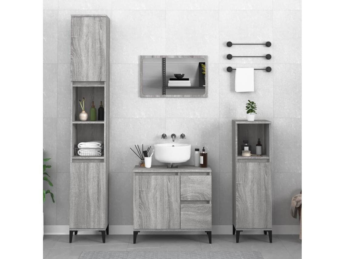 Vidaxl 3 Pcs Conjunto Móveis Wc Derivados De Madeira Cinzento Sonoma