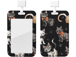 Porta-crachá com estampa de gato de desenho animado, com cordão, bolsa plástica impermeável para crachá e capa protetora.