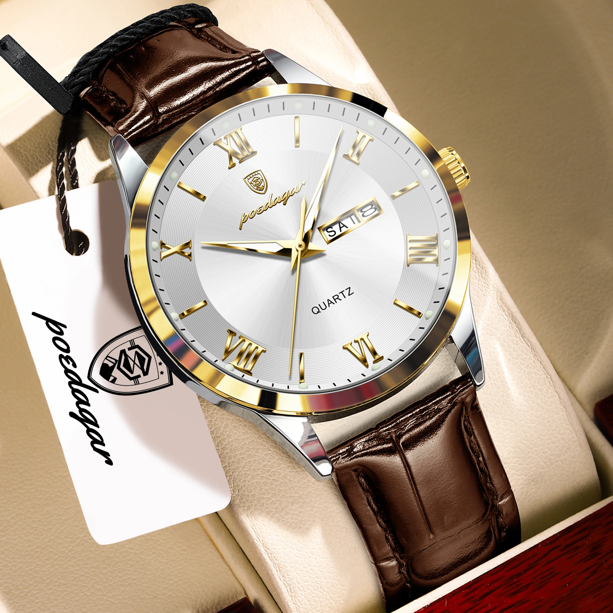 Relógio Masculino De Luxo (dourado E Branco), Pulseira De Couro Genuíno, À Prova D'água E Com Mostrador Luminoso.
