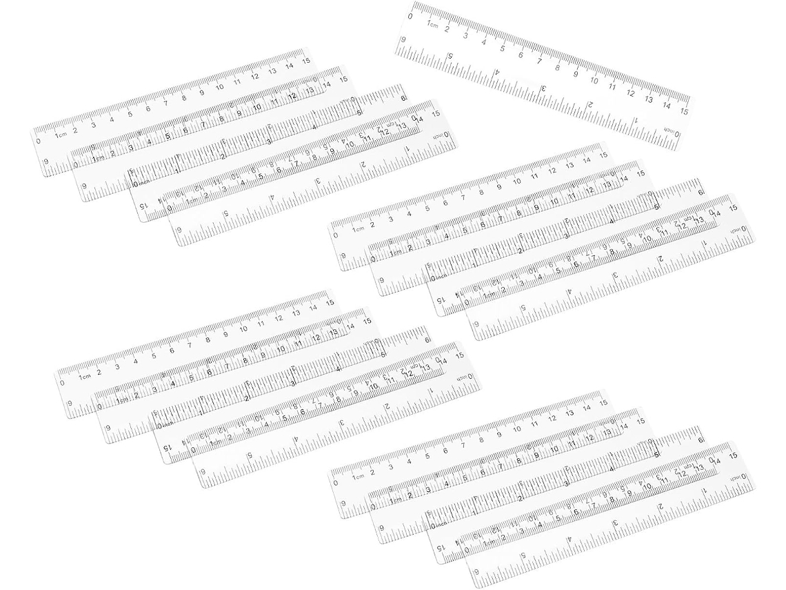 Conjunto de 25 réguas de plástico transparente de 15 cm com bordas lisas, ideais para estudantes e professores. Perfeitas para...