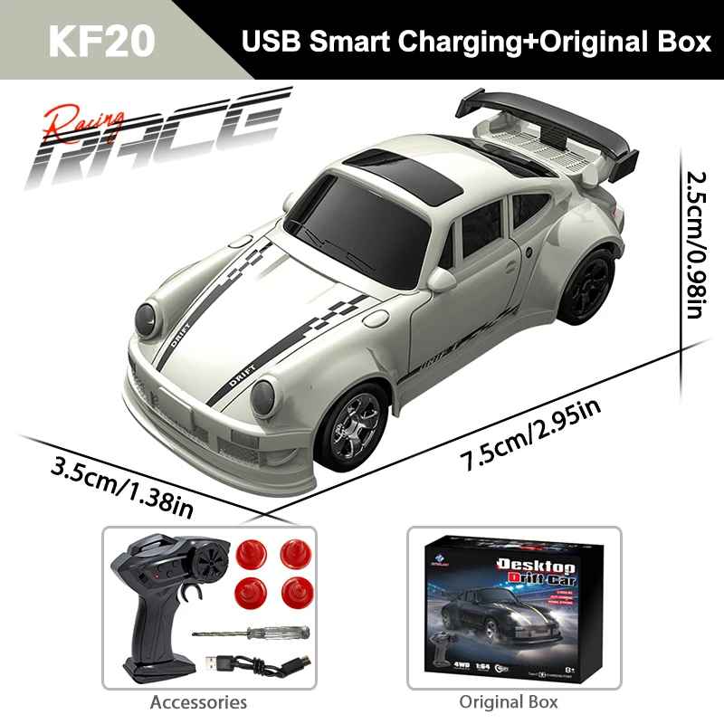 (kf20 Prata) Carro De Drift De Alta Velocidade 1/64 Com Controle Remoto, Tração Nas Quatro Rodas 2.4g, Brinquedo Ideal Para Presente