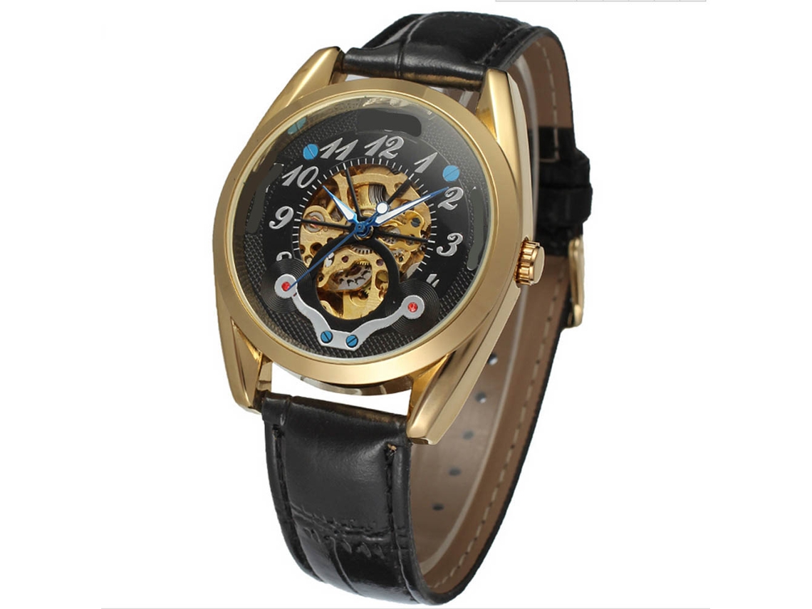 Relógio masculino Winner Hollow automático mecânico, resistente à água, preto e dourado.