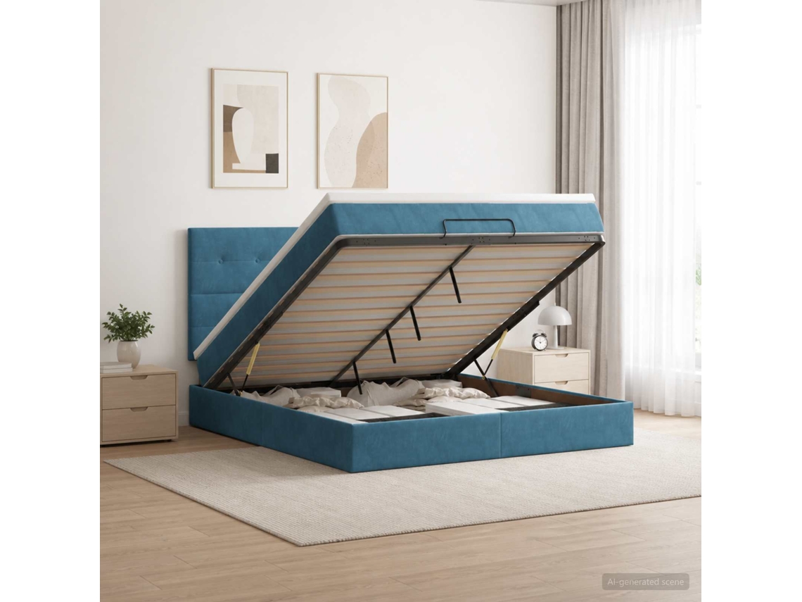 Vidaxl Cama Ottoman Com Colchão Azul Escuro 180 X 200 Cm Veludo