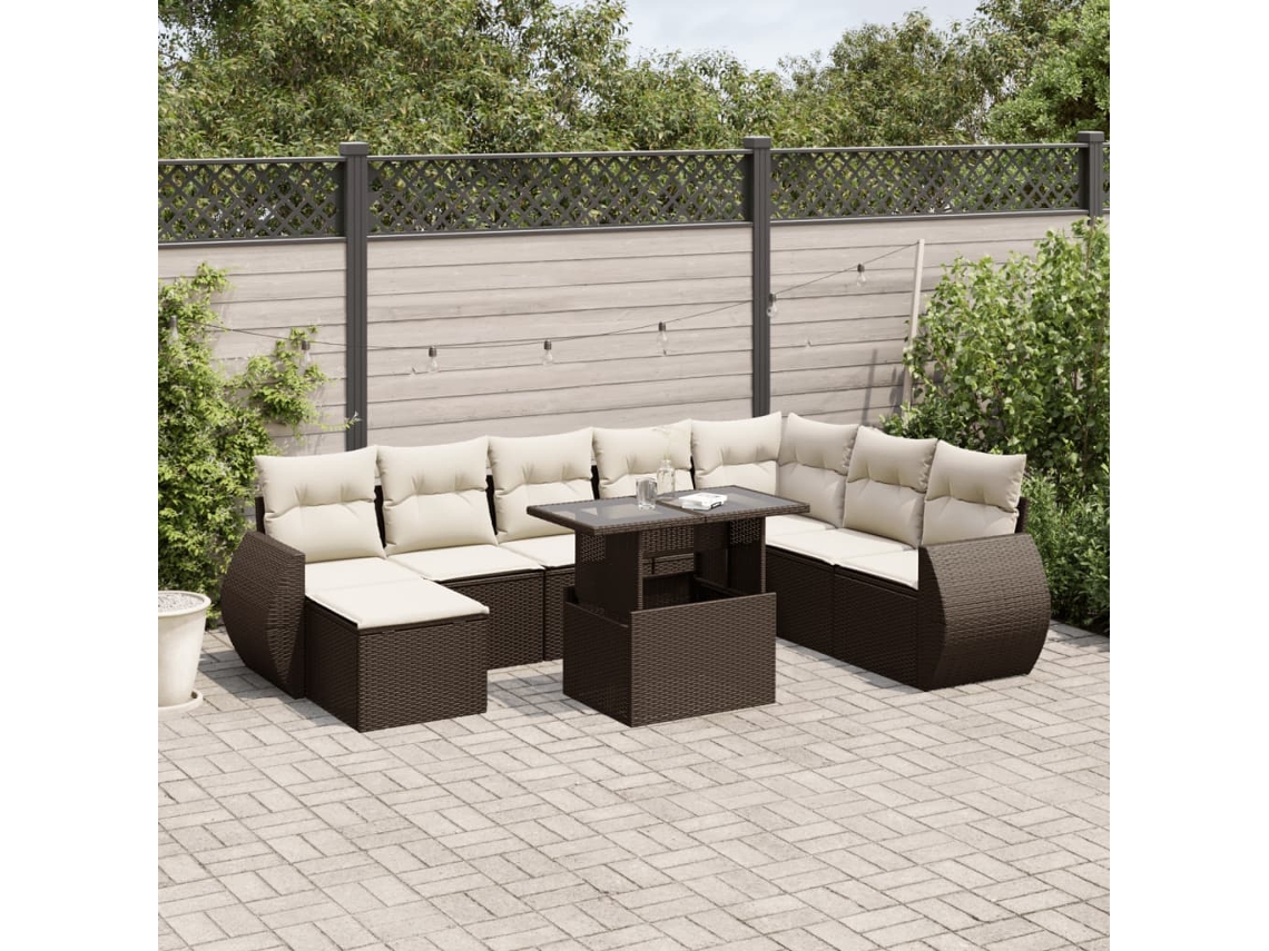 Vidaxl 9 Pcs Conjunto Sofás P/ Jardim C/ Almofadões Vime Pe Castanho