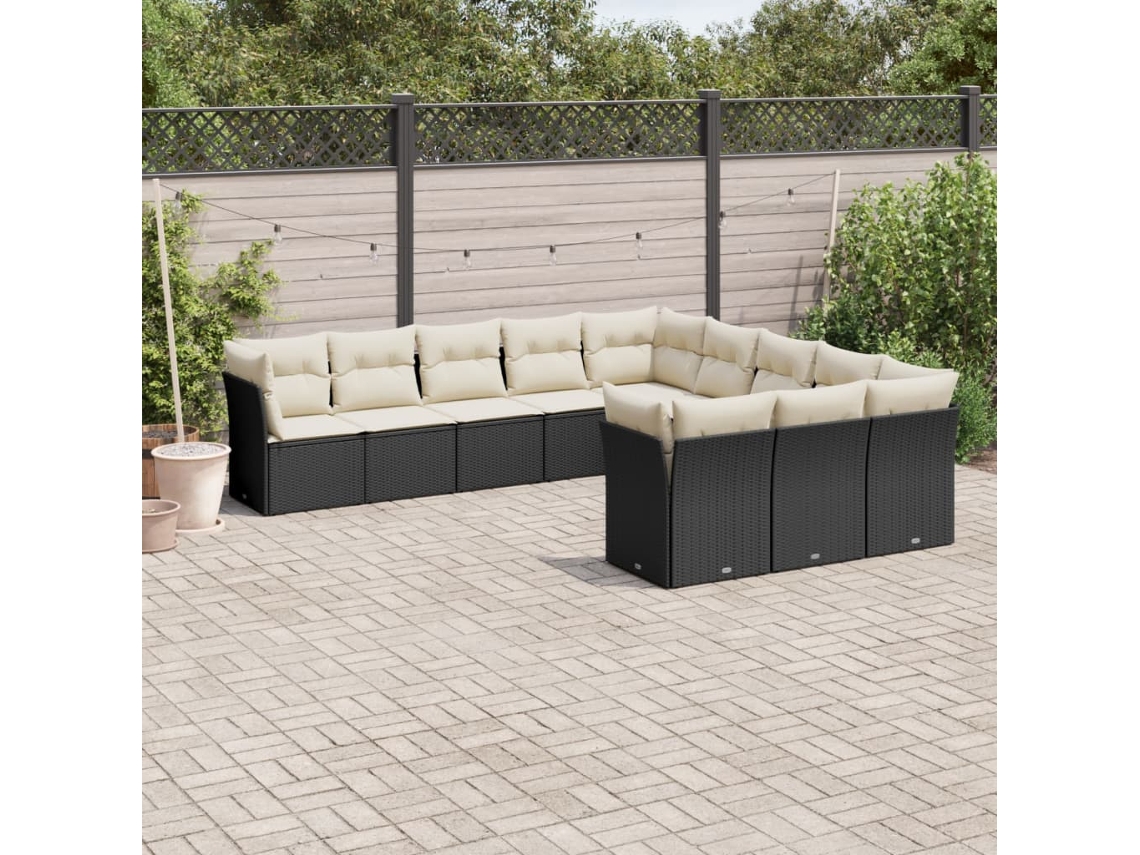 Jogo de Sofá Jardim 11 Peças C/ Almofadões Vime Pe Preto Dkd Home Decor