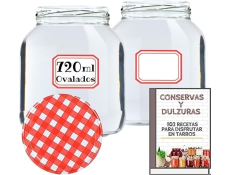 12 Frascos de Vidro de 720 Ml Ovais com Tampa de Rosca Hermética de Metal Frascos para Conservas Molhos Geleias Purês Inclui Etiquetas MUNDOTARROS