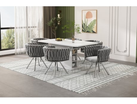 Conjunto De 6 Cadeiras Giratórias Em Veludo Com Braços Pés Em Metal Prateado Cinza Estilo